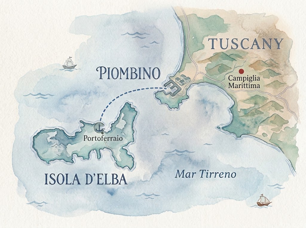 Mappa ad acquerello con Campiglia Marittima, Piombino, la rotta del traghetto e Portoferraio sull'Isola d'Elba